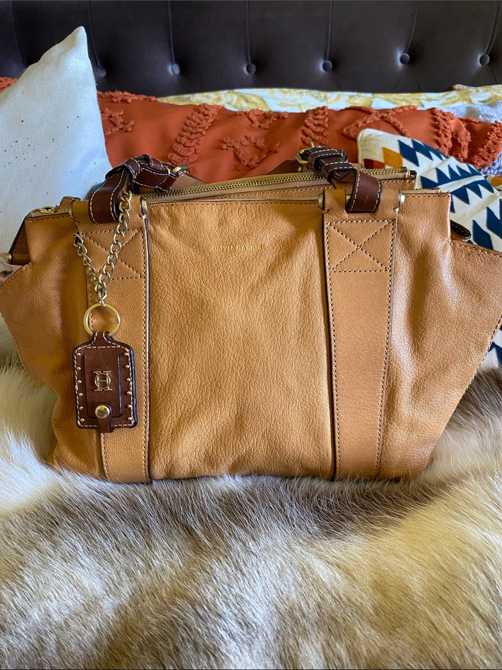 Olivia Harris Cognac Leather Tote with Dark-Brown Trim
